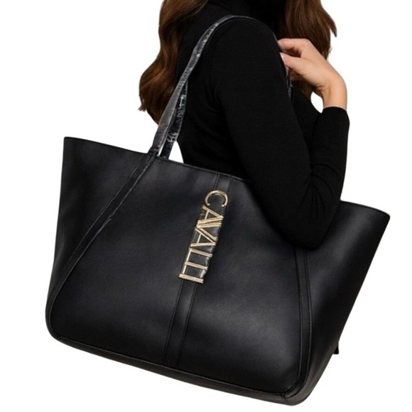 Cavalli Class Black Alessandra Tote Bag Gold Logo NEW - Picture 1 of 4